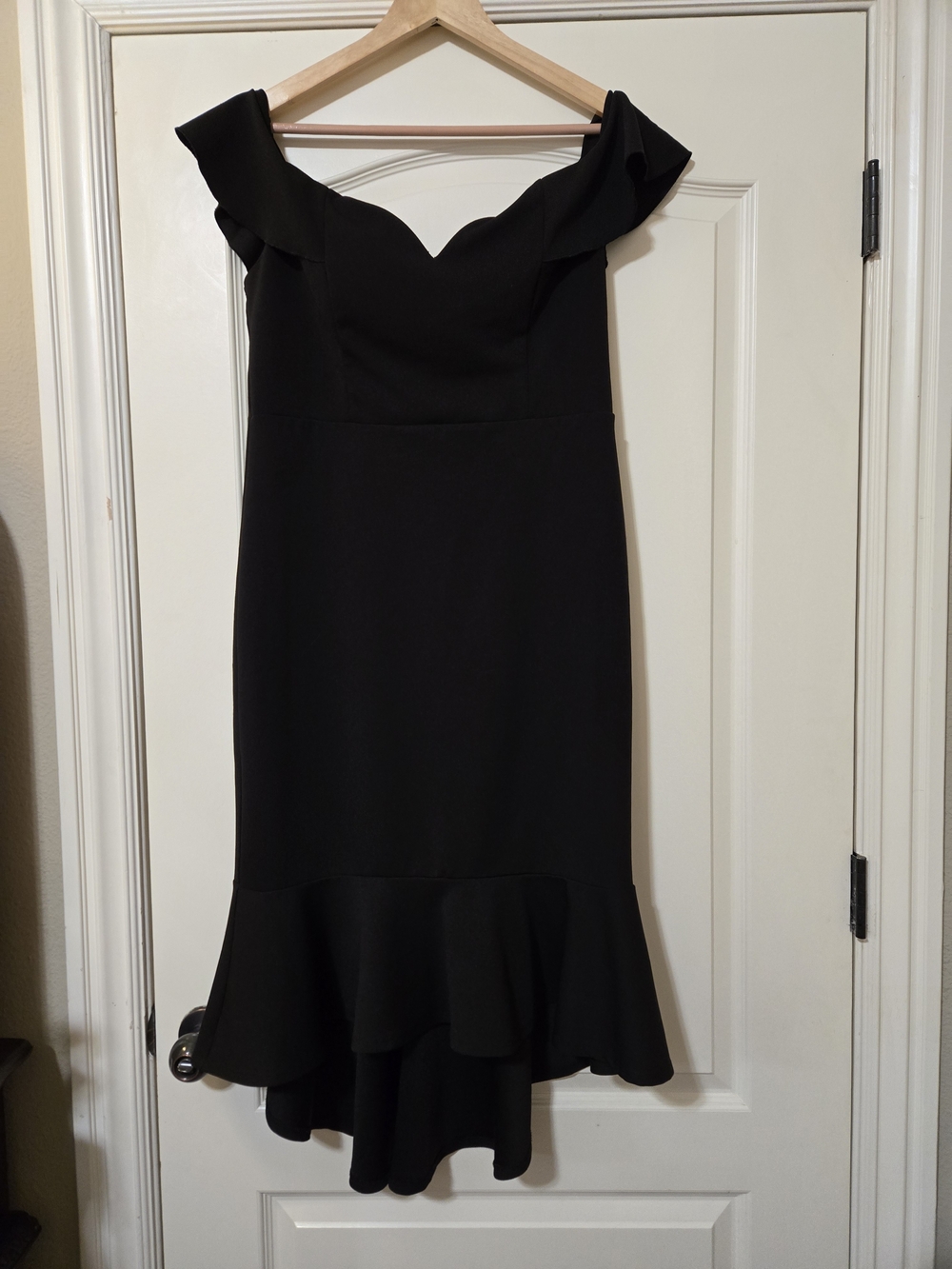 Emerald Sundae Black Off-Shoulder Ruffle-Hem Dress